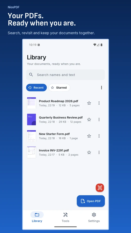 NiosPDF 2.0 Android library with recent documents