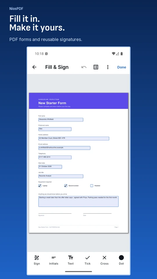 NiosPDF 2.0 Fill and Sign interface