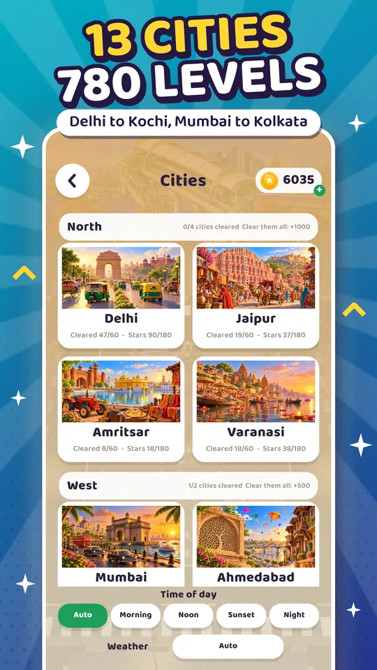 Traffic India city select: 13 cities, 780 levels